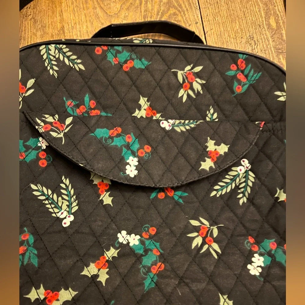 Quilted Women's Bag Black with Green, Red & White Floral Design